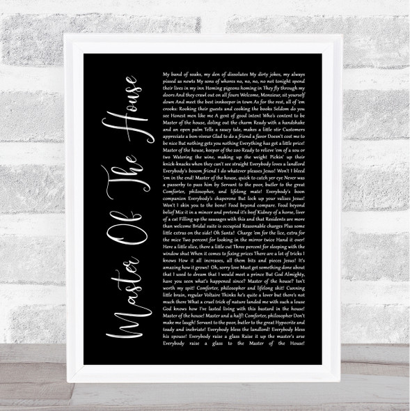 Les Miserables Cast Master Of The House Black Script Song Lyric Quote Music Framed Print