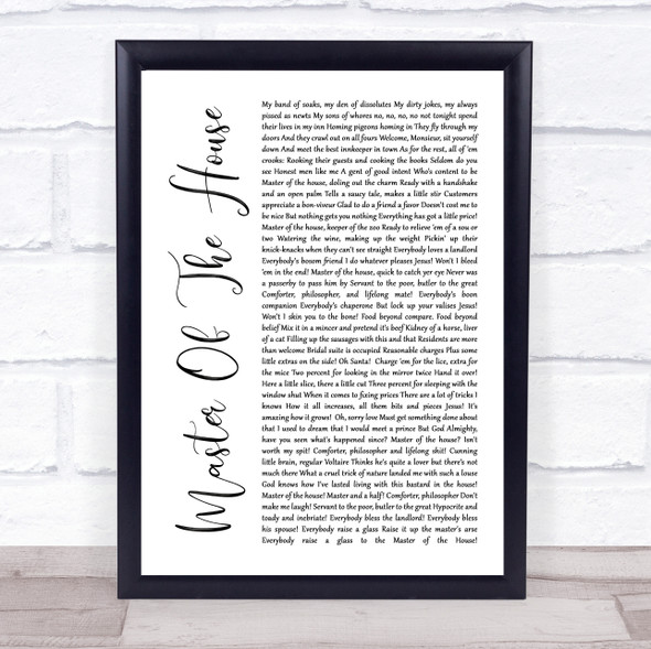 Les Miserables Cast Master Of The House White Script Song Lyric Quote Music Framed Print
