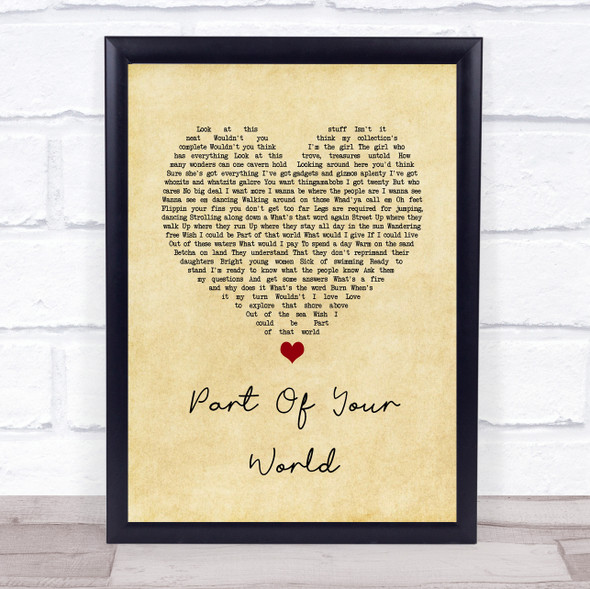 The Little Mermaid Part of Your World Vintage Heart Song Lyric Quote Music Framed Print