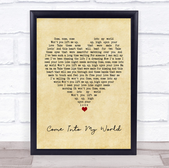 Kylie Minogue Come Into My World Vintage Heart Song Lyric Quote Music Framed Print