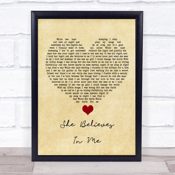 Kenny Rogers She Believes In Me Vintage Heart Song Lyric Quote Music Framed Print