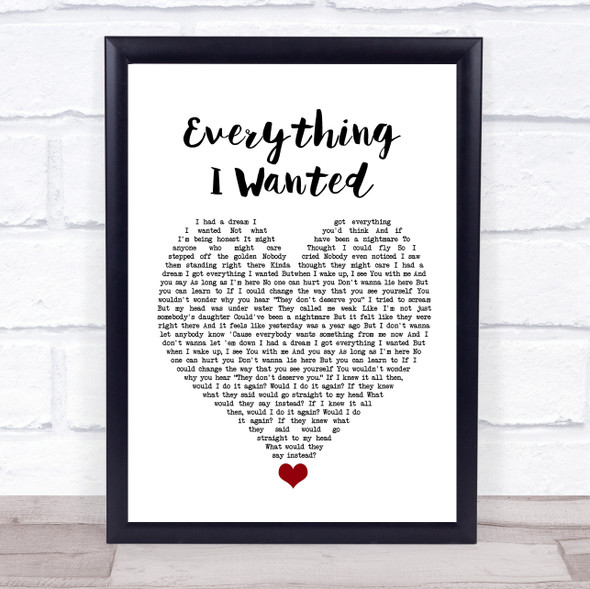 Billie Eilish Everything I Wanted White Heart Song Lyric Quote Music Framed Print