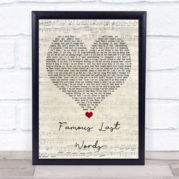 My Chemical Romance Famous Last Words Script Heart Song Lyric Quote Music Framed Print