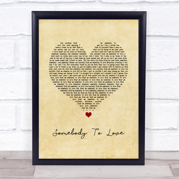 Queen Somebody To Love Vintage Heart Song Lyric Quote Music Framed Print