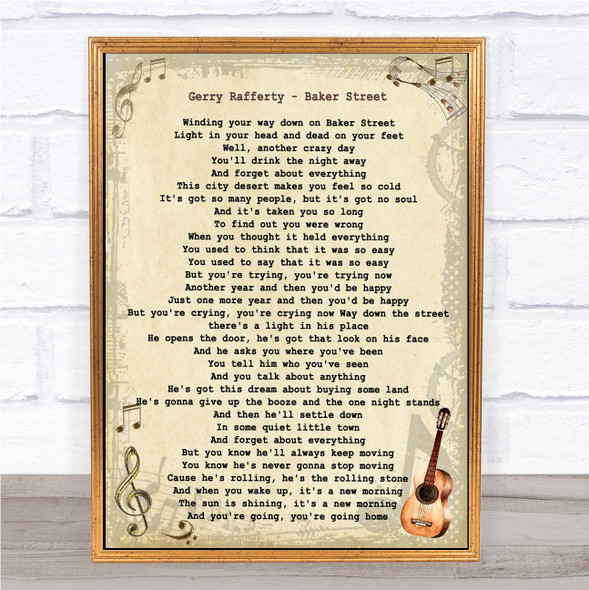Gerry Rafferty Baker Street Vintage Guitar Song Lyric Quote Music Framed Print