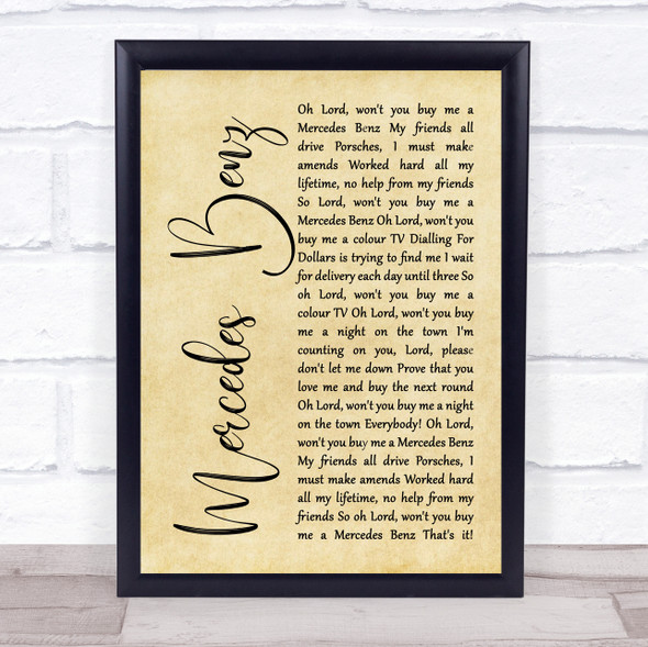 Janis Joplin Mercedes Benz Rustic Script Song Lyric Quote Music Framed Print