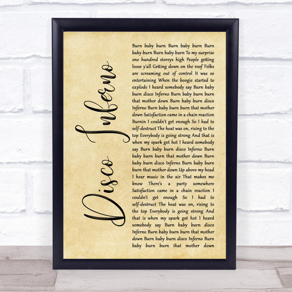 The Trammps Disco Inferno Rustic Script Song Lyric Quote Music Framed Print
