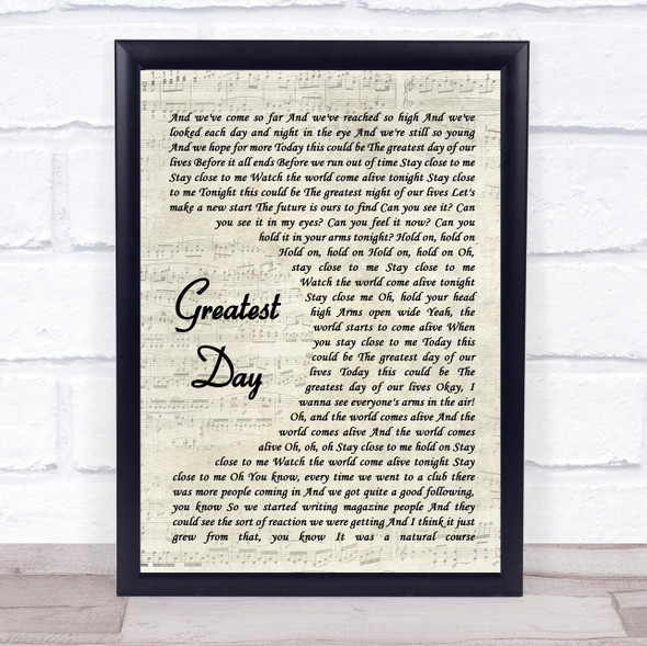 Take That Greatest Day Vintage Script Song Lyric Quote Music Framed Print
