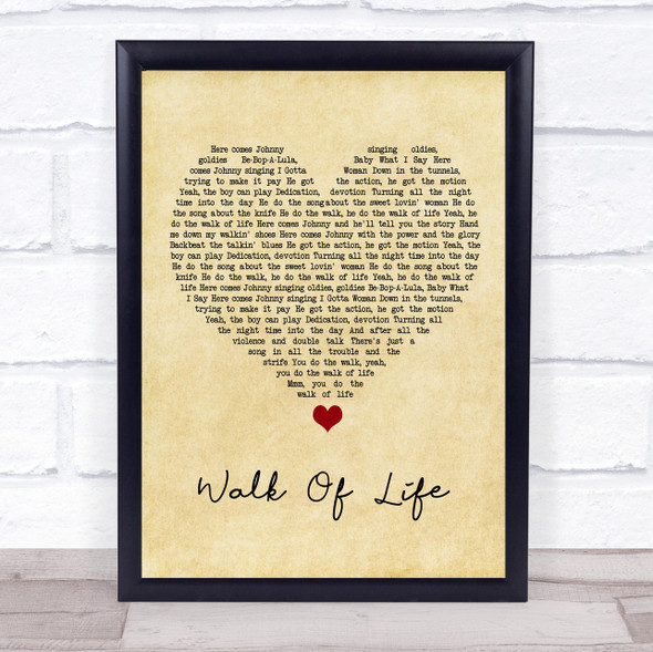 Dire Straits Walk Of Life Vintage Heart Song Lyric Quote Music Framed Print