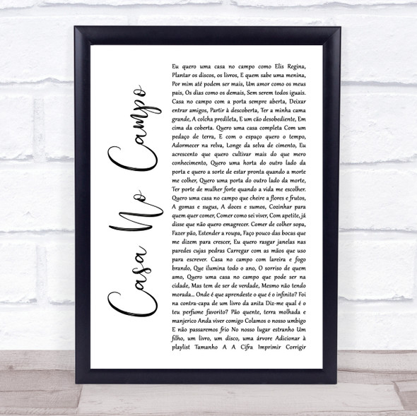 Capicua Casa No Campo White Script Song Lyric Quote Music Framed Print