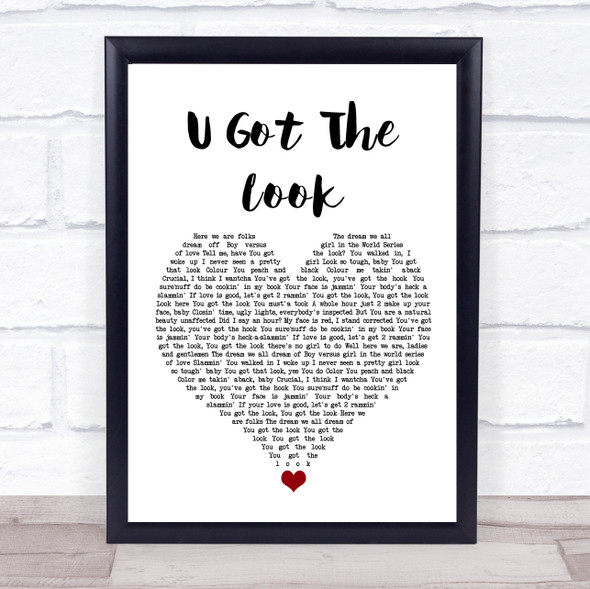 Prince U Got The Look White Heart Song Lyric Quote Music Framed Print
