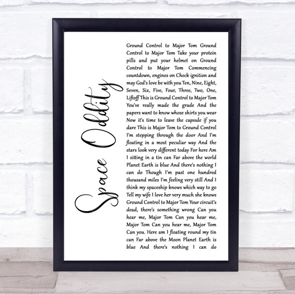 David Bowie Space Oddity White Script Song Lyric Quote Music Framed Print