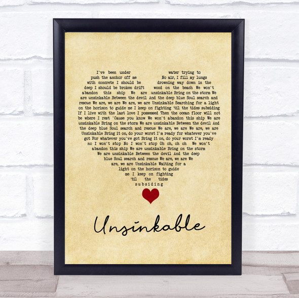 Lucy Spraggan Unsinkable Vintage Heart Song Lyric Quote Music Framed Print