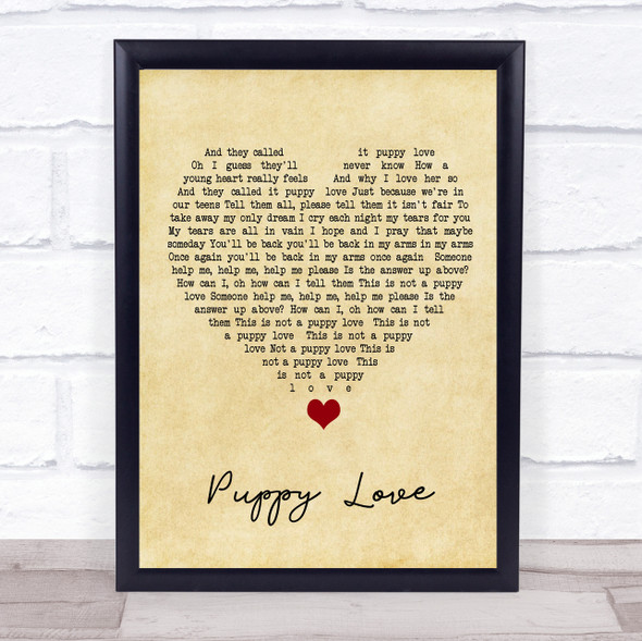 Donny Osmond Puppy Love Vintage Heart Song Lyric Quote Music Framed Print
