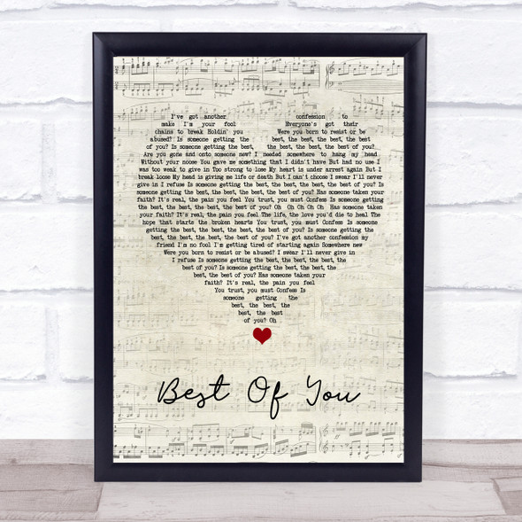 Foo Fighters Best Of You Script Heart Song Lyric Quote Music Framed Print