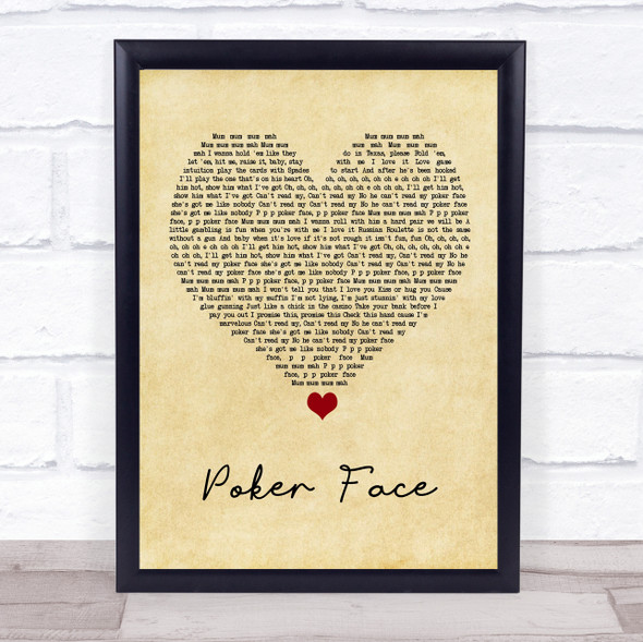 Lady Gaga Poker Face Vintage Heart Song Lyric Quote Music Framed Print