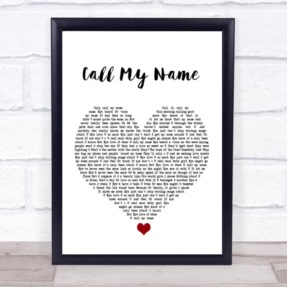 Prince Call My Name White Heart Song Lyric Quote Music Framed Print