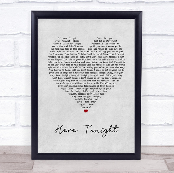 Brett Young Here Tonight Grey Heart Song Lyric Quote Music Poster Framed Print