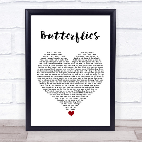 Lucy Spraggan Butterflies White Heart Song Lyric Quote Music Framed Print