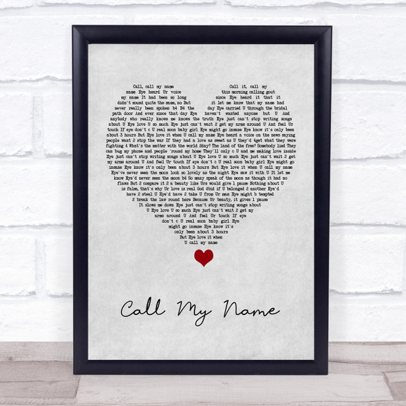 Prince Call My Name Grey Heart Song Lyric Quote Music Framed Print