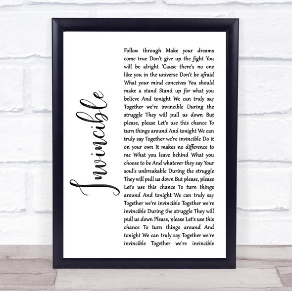 Muse Invincible White Script Song Lyric Quote Music Framed Print