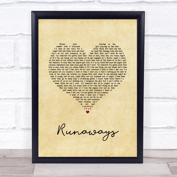 The Killers Runaways Vintage Heart Song Lyric Quote Music Framed Print