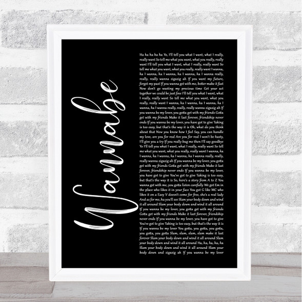 Spice Girls Wannabe Black Script Song Lyric Quote Music Framed Print
