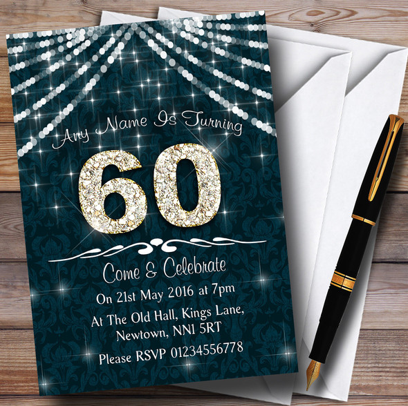 60Th Turquoise & White Bling Sparkle Birthday Party Customised Invitations