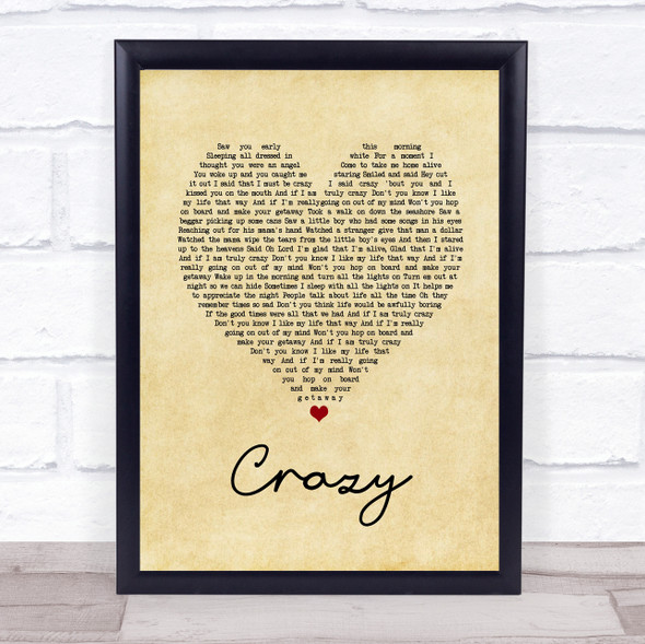 Pat Green Crazy Vintage Heart Song Lyric Quote Music Framed Print