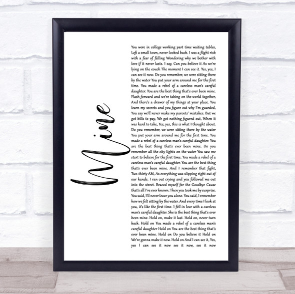 Taylor Swift Mine White Script Song Lyric Quote Music Framed Print