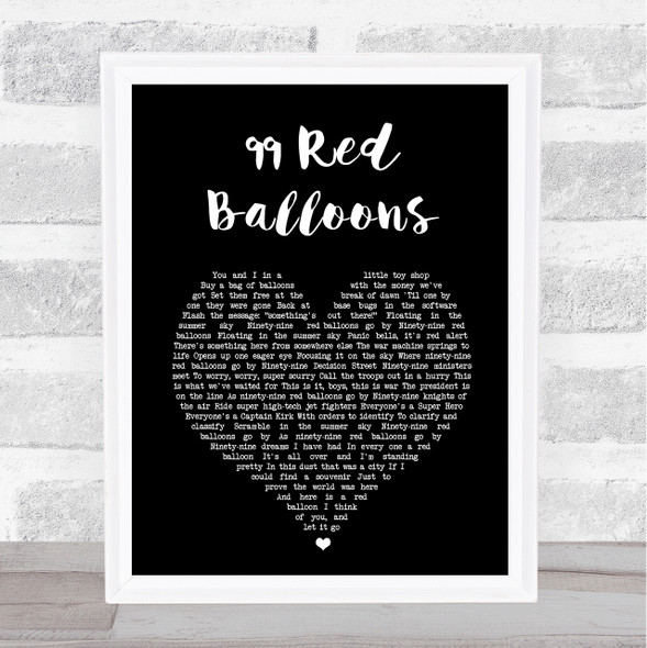 Nena 99 Red Balloons Black Heart Song Lyric Wall Art Print