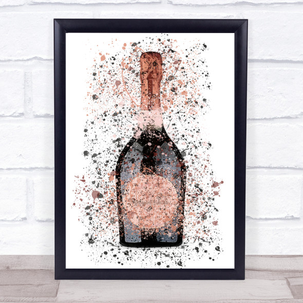 Watercolour Splatter Dark Rose Champagne Bottle Wall Art Print