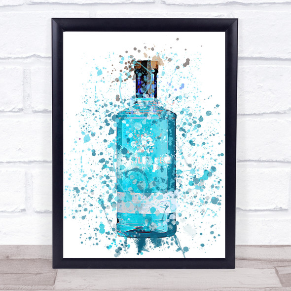 Watercolour Splatter Blue Blackberry Gin Bottle Wall Art Print