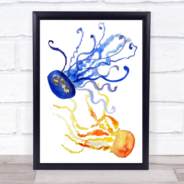 Watercolour Blue & Orange Jellyfish Framed Wall Art Print