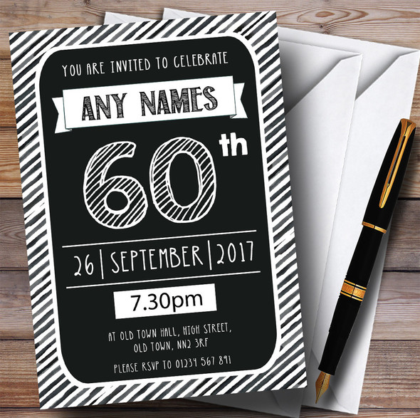 Black & White Stripy Deco 60th Customised Birthday Party Invitations