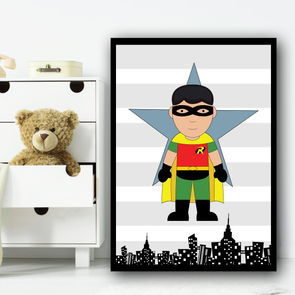Robin Stripes Superhero Children's Nursery Bedroom Wall Art Print