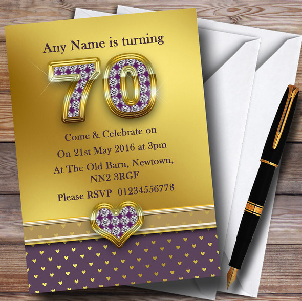 Gold Satin And Purple Hearts 70Th Customised Birthday Party Invitations