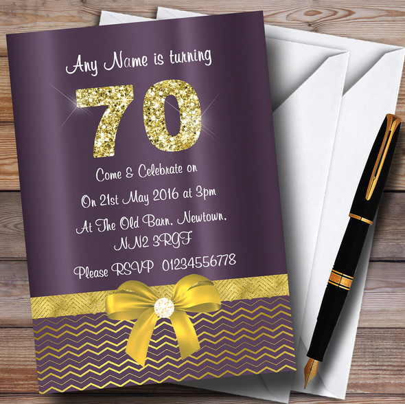 Purple Satin And Gold Bow 70Th Customised Birthday Party Invitations