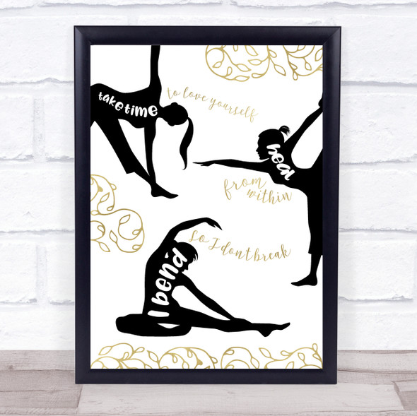 Yoga Quotes Silhouettes & Beautiful Leaves Gold Black White Typogrophy Print