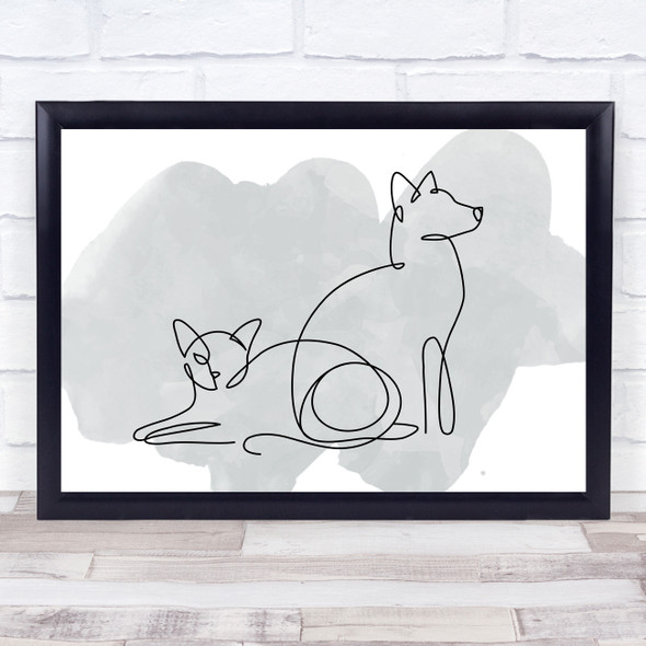 Watercolour Line Art Dog And Cat Decorative Wall Art Print