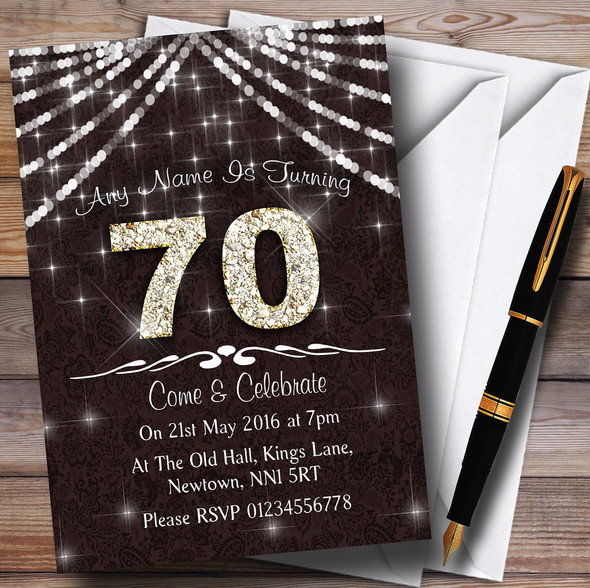70Th Brown & White Bling Sparkle Birthday Party Customised Invitations