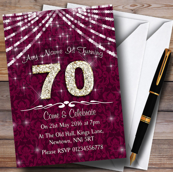 70Th Cranberry & White Bling Sparkle Birthday Party Customised Invitations