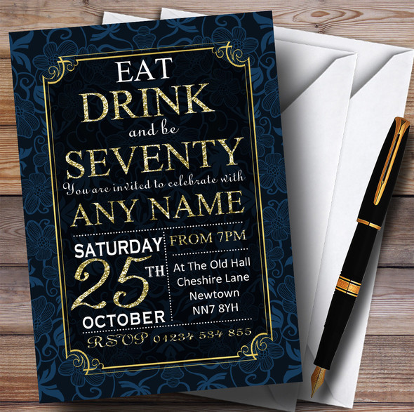 Blue & Gold Flowers 70th Customised Birthday Party Invitations