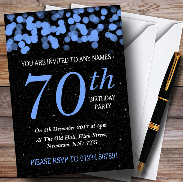 Blue Bokeh & Stars 70th Customised Birthday Party Invitations