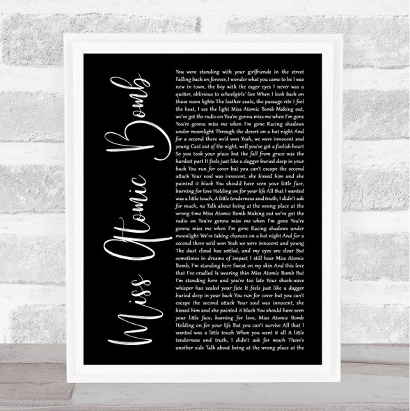 The Killers Miss Atomic Bomb Black Script Song Lyric Print