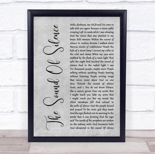 Simon & Garfunkel The Sound Of Silence Grey Rustic Script Song Lyric Print