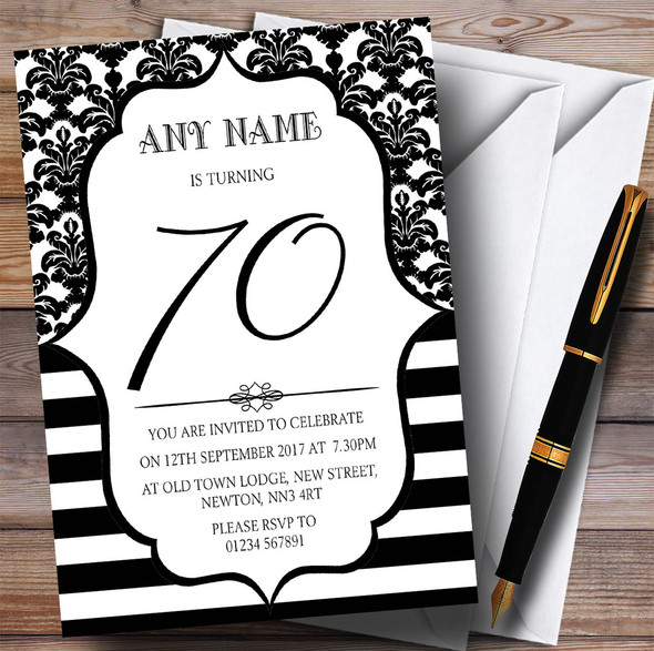 Vintage Damask Black & White 70th Customised Birthday Party Invitations