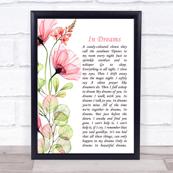 Roy Orbison In Dreams Floral Poppy Side Script Song Lyric Print
