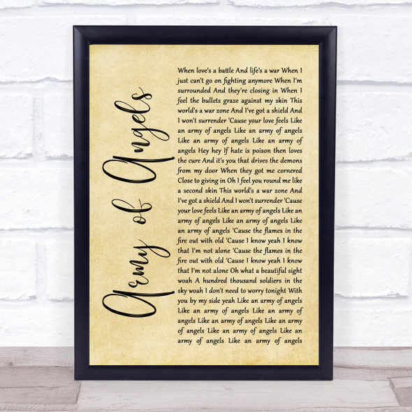 The Script Army of Angels Rustic Script Song Lyric Print