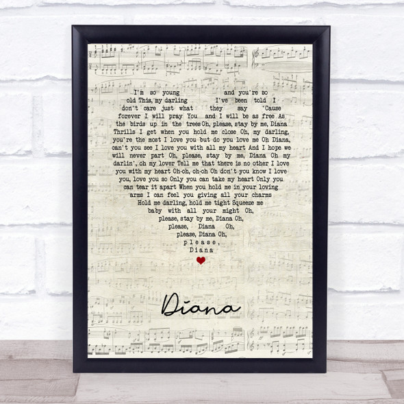 Paul Anka Diana Script Heart Song Lyric Print